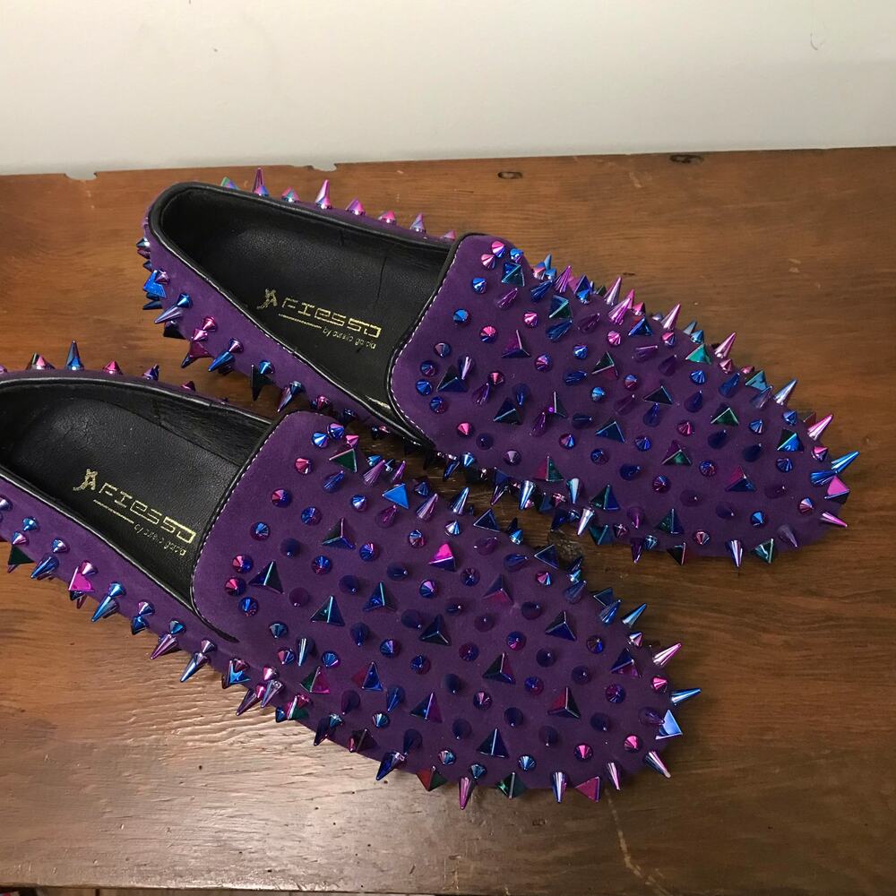 Fiesso Men's Purple Suede Multicolored Spiked Red Bottom Dressy Loafer Size 10